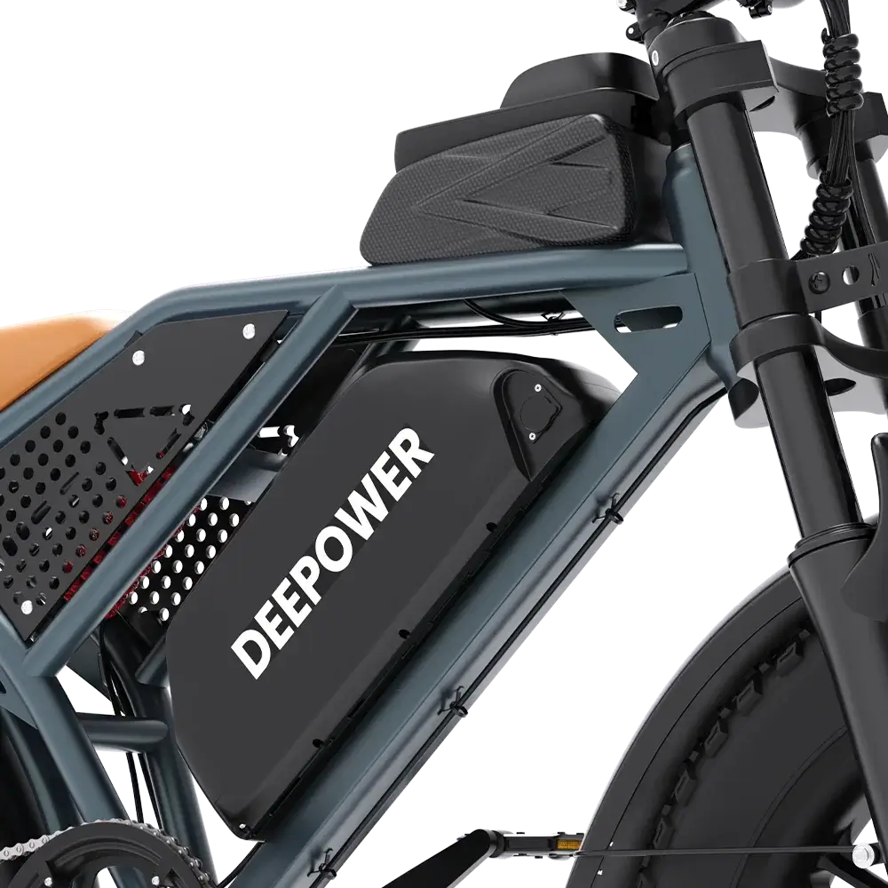 Close-up of DEEPOWER electric bike frame with battery pack and brown saddle