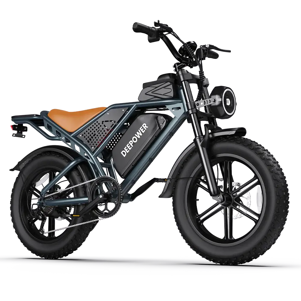 Deepower electric bike with fat tires and brown leather seat in studio setting