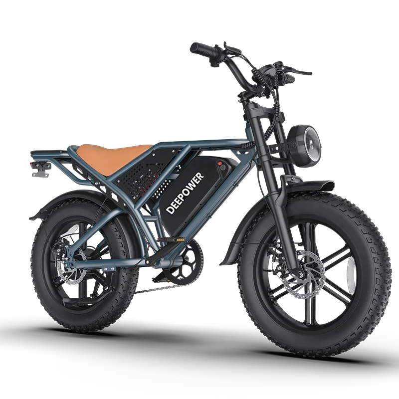 Deepower electric bike with fat tires, black frame, brown seat, and front headlight