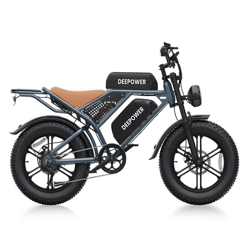 Deepower electric bike with fat tires, brown seat, and black frame labeled DEEPOWER