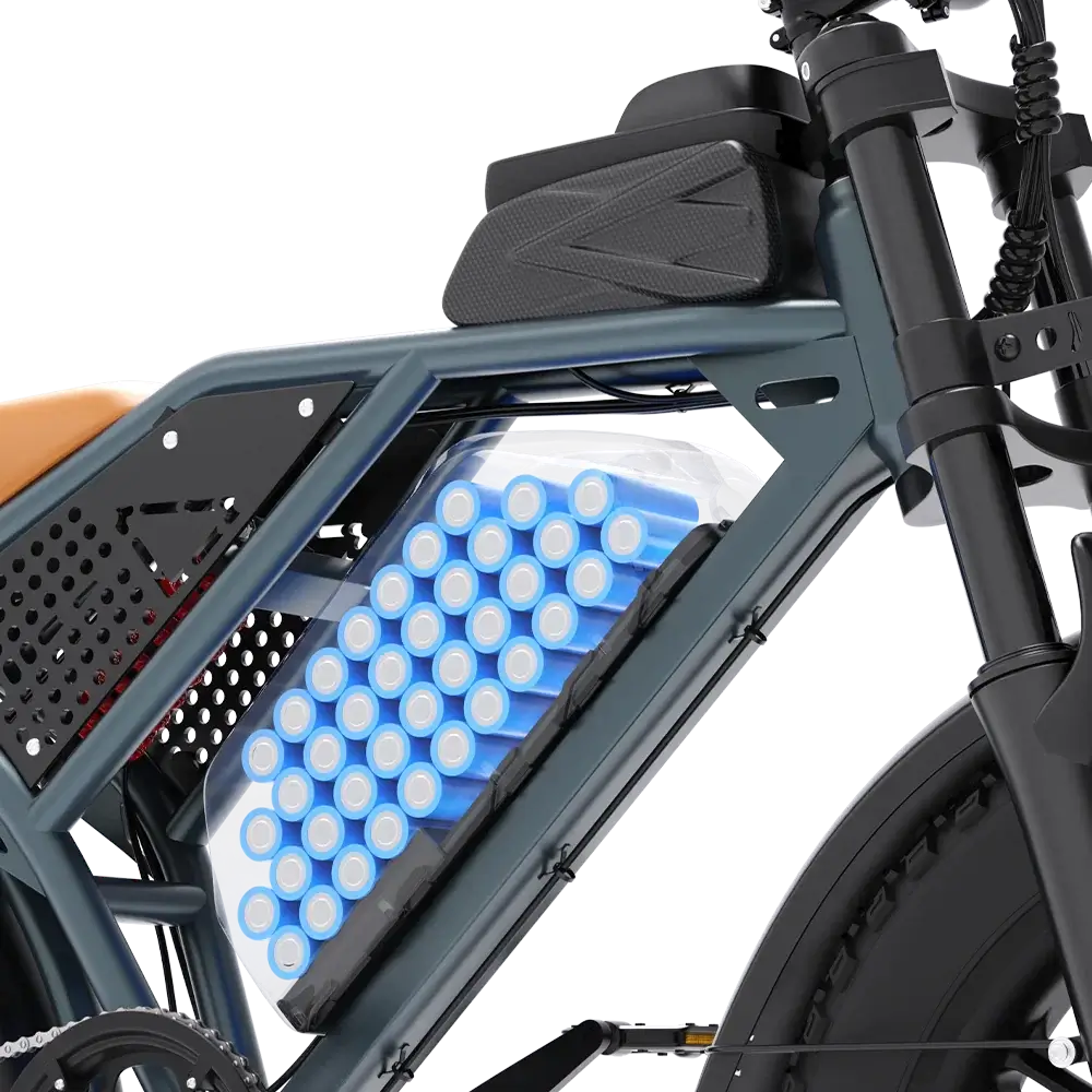 Close-up of a modern electric bike frame highlighting attached blue lithium-ion battery pack and black components