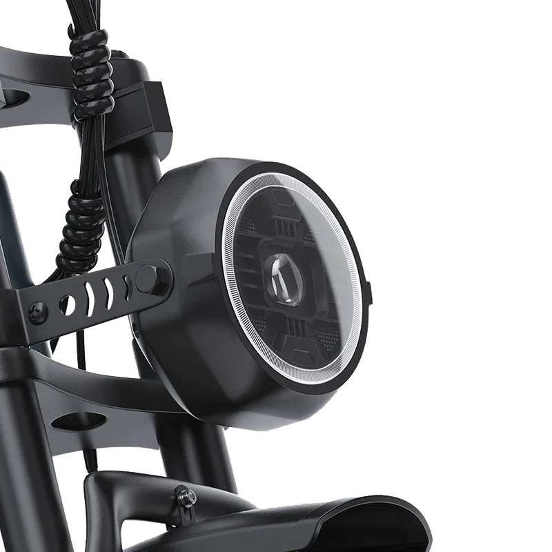 Close-up of black electric scooter LED headlight with round design and mounting bracket