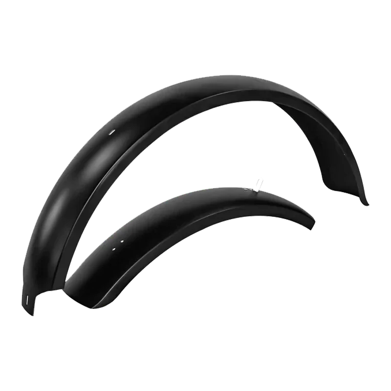 Pair of black metal bicycle fenders with mounting holes and curved design