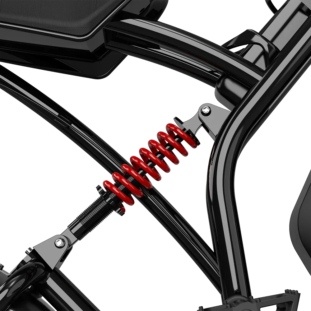 Close-up of DEEPOWER S20 electric bike rear central shock absorber with red coil spring and black frame