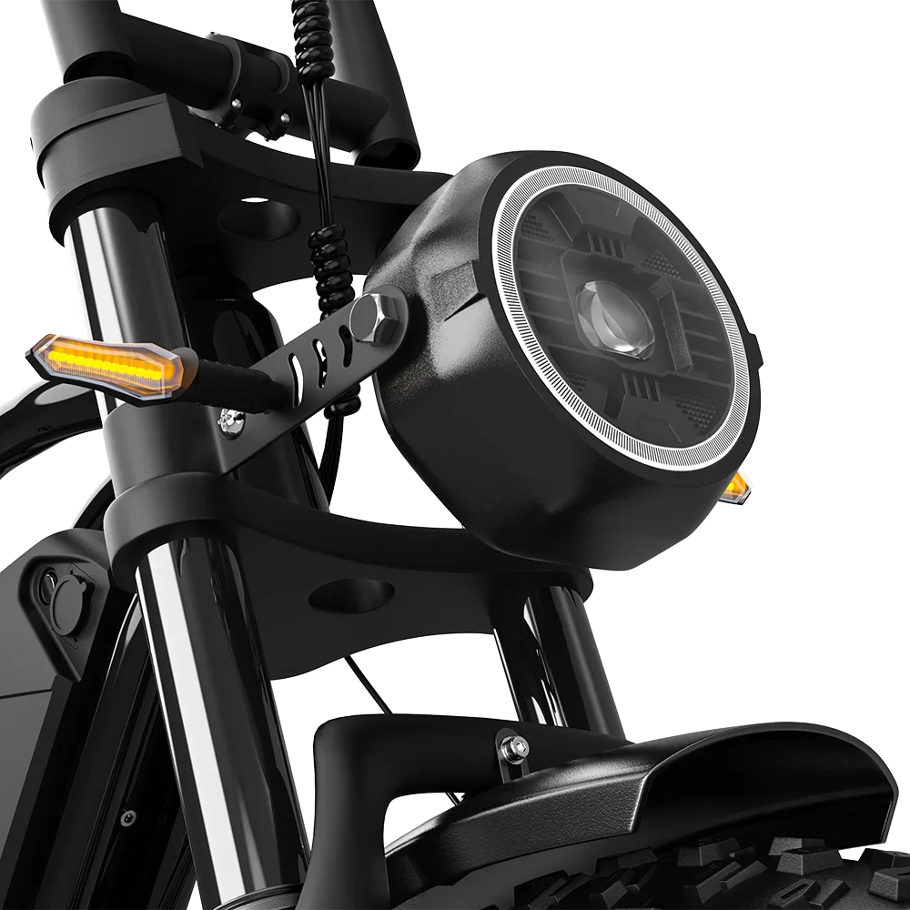 Close-up of DEEPOWER electric bike front headlight and amber turn signal lights on black frame